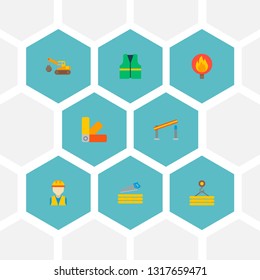 Set of construction icons flat style symbols with cleaners jacket, demolition crane, crane hook and other icons for your web mobile app logo design.