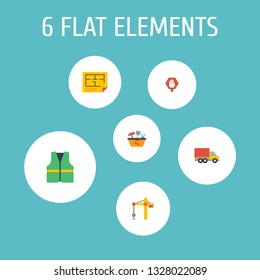 Set of construction icons flat style symbols with moving truck, floor plan, cleaners jacket and other icons for your web mobile app logo design.