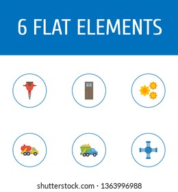 Set of construction icons flat style symbols with garbage truck, machinery, door and other icons for your web mobile app logo design.