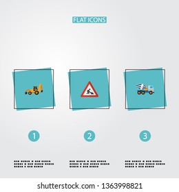 Set of construction icons flat style symbols with concrete mixer, tractor backhoe loader, workman sign and other icons for your web mobile app logo design.