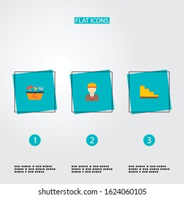 Set of construction icons flat style symbols with stairs, engineer, tool in box and other icons for your web mobile app logo design.