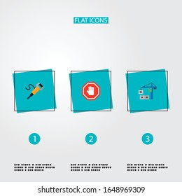 Set von Bausymbolen mit flachen Symbolen mit Jackhammer, Turmkranich, Handsymbole für Ihr Web Mobile App Logo.