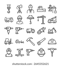 Um conjunto de ícones de construção, incluindo ferramentas, máquinas pesadas e equipamentos de segurança, todos renderizados em um estilo de linha limpo e minimalista.