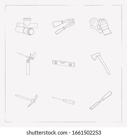 Set of construction icons line style symbols with safety gloves, screwdriver, axe and other icons for your web mobile app logo design.