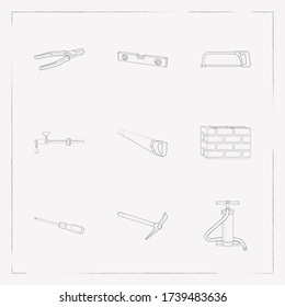 Set of construction icons line style symbols with pliers, brick wall, pick axe and other icons for your web mobile app logo design.