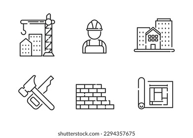 Set of construction icons in line style isolated on white background