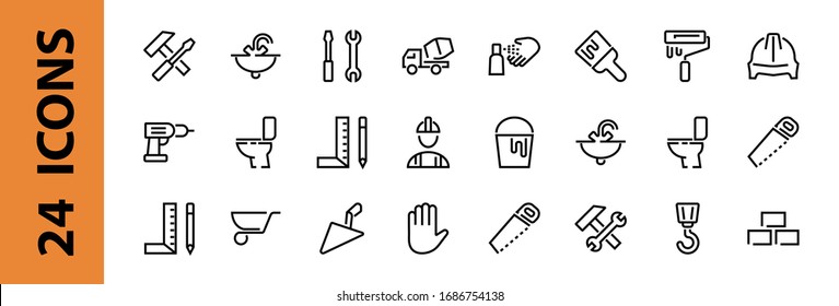 Set of construction icons, simple vector lines, contains the following icons: builder, roller, hammer with wrench, toilet bowl and much more. Editable stroke. 48x48 pixels perfect, white background.