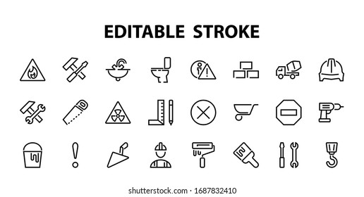 Set of construction icons, simple vector lines, contains the following icons builder, roller, hammer with wrench, toilet bowl and much more. Editable stroke. 48x48 pixels perfect, white background.
