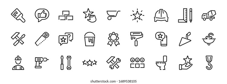 Set of construction icons, simple vector lines, contains the following icons: builder, roller, hammer with wrench, toilet bowl and much more. Editable stroke. 48x48 pixels perfect, white background.