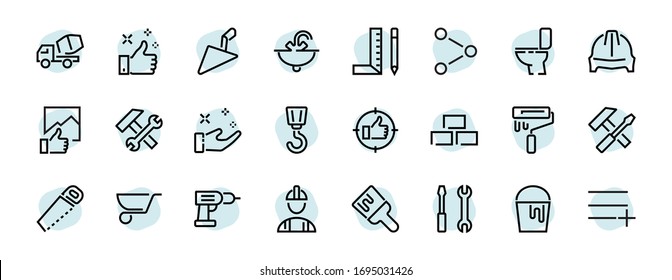 Set of construction icons, simple vector lines, contains the following icons: builder, roller, hammer with wrench, toilet bowl and much more. Editable stroke. 48x48 pixels perfect, white background.