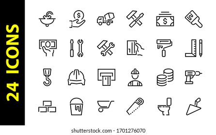 Set of construction icons, simple vector lines, contains the following icons: builder, roller, hammer with wrench, toilet bowl and much more. Editable stroke. 48x48 pixels perfect, white background.