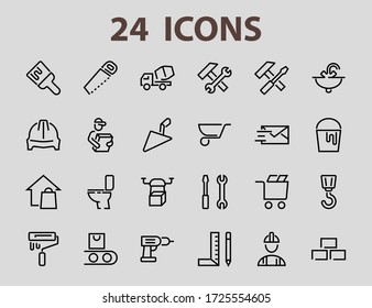 Set of construction icons, simple vector lines, contains the following icons: builder, roller, hammer with wrench, toilet bowl and much more. Editable stroke. 48x48 pixels perfect, white background.