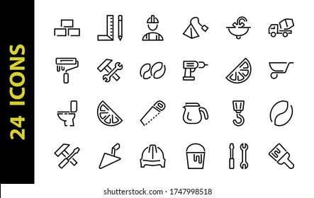 Set of construction icons, simple vector lines, contains the following icons: builder, roller, hammer with wrench, toilet bowl and much more. Editable stroke. 48x48 pixels perfect, white background.