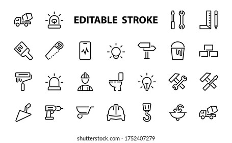 Set of construction icons, simple vector lines, contains the following icons: builder, roller, hammer with wrench, toilet bowl and much more. Editable stroke. 48x48 pixels perfect, white background.