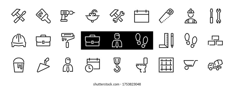 Set of construction icons, simple vector lines, contains the following icons: builder, roller, hammer with wrench, toilet bowl and much more. Editable stroke. 48x48 pixels perfect, white background.