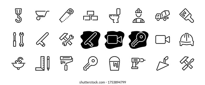 Set of construction icons, simple vector lines, contains the following icons: builder, roller, hammer with wrench, toilet bowl and much more. Editable stroke. 48x48 pixels perfect, white background.