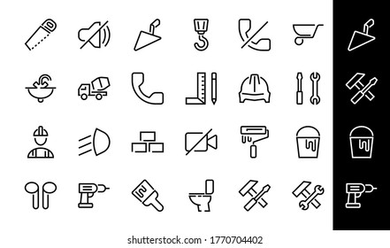 Set of construction icons, simple vector lines, contains the following icons: builder, roller, hammer with wrench, toilet bowl and much more. Editable stroke. 48x48 pixels perfect, white background.