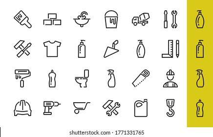 Set of construction icons, simple vector lines, contains the following icons: builder, roller, hammer with wrench, toilet bowl and much more. Editable stroke. 48x48 pixels perfect, white background.