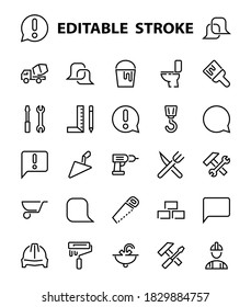 Set of construction icons, simple vector lines, contains the following icons: builder, roller, hammer with wrench, toilet bowl and much more. Editable stroke. 48x48 pixels perfect, white background.