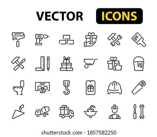 Set of construction icons, simple vector lines, contains the following icons: builder, roller, hammer with wrench, toilet bowl and much more. Editable stroke. 48x48 pixels perfect, white background.