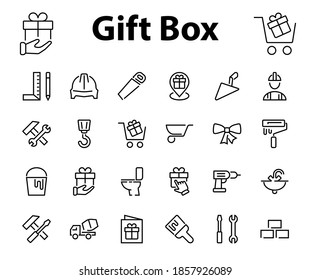 Set of construction icons, simple vector lines, contains the following icons: builder, roller, hammer with wrench, toilet bowl and much more. Editable stroke. 48x48 pixels perfect, white background.