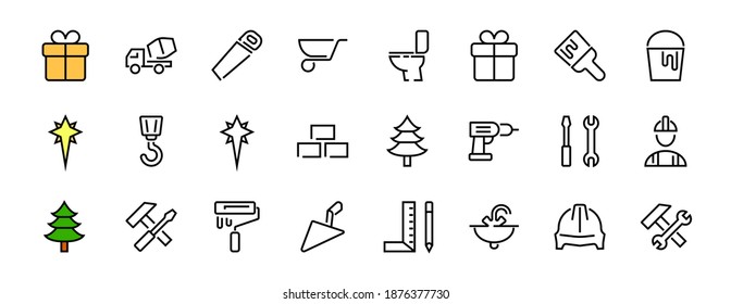 Set of construction icons, simple vector lines, contains the following icons: builder, roller, hammer with wrench, toilet bowl and much more. Editable stroke. 48x48 pixels perfect, white background.
