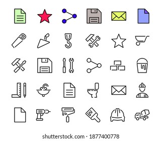 Set of construction icons, simple vector lines, contains the following icons: builder, roller, hammer with wrench, toilet bowl and much more. Editable stroke. 48x48 pixels perfect, white background.
