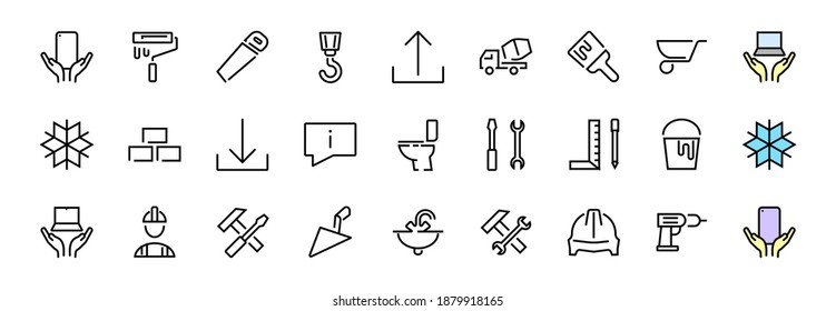 Set of construction icons, simple vector lines, contains the following icons: builder, roller, hammer with wrench, toilet bowl and much more. Editable stroke. 48x48 pixels perfect, white background.
