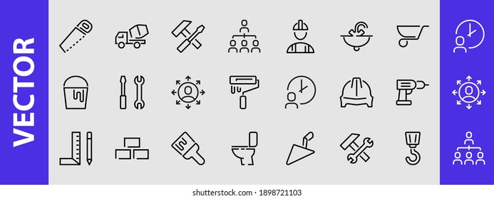 Set of construction icons, simple vector lines, contains the following icons: builder, roller, hammer with wrench, toilet bowl and much more. Editable stroke. 48x48 pixels perfect, white background.