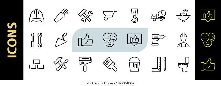 Set of construction icons, simple vector lines, contains the following icons: builder, roller, hammer with wrench, toilet bowl and much more. Editable stroke. 48x48 pixels perfect, white background.