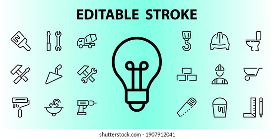 Set of construction icons, simple vector lines, contains the following icons: builder, roller, hammer with wrench, toilet bowl and much more. Editable stroke. 48x48 pixels perfect, white background.