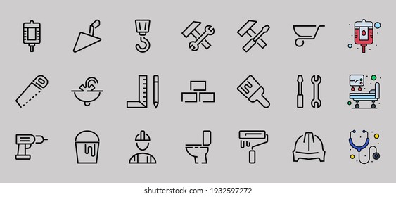 Set of construction icons, simple vector lines, contains the following icons: builder, roller, hammer with wrench, toilet bowl and much more. Editable stroke. 48x48 pixels perfect, white background.