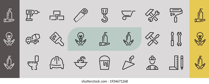 Set of construction icons, simple vector lines, contains the following icons: builder, roller, hammer with wrench, toilet bowl and much more. Editable stroke. 48x48 pixels perfect, white background