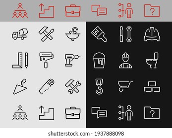 Set of construction icons, simple vector lines, contains the following icons: builder, roller, hammer with wrench, toilet bowl and much more. Editable stroke. 48x48 pixels perfect, white background.