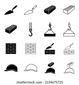 Set Of Construction Icons. Trowel, Brick, Construction Hook, Building Wall And Helmet. Vector Illustration