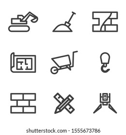Set of construction icons. Various stages of construction, design, layout, construction. Linear execution. Vector on a white background.