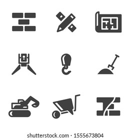 Set of construction icons. Various stages of construction, design, layout, construction. Flooded execution. Vector on a white background.