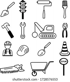 Un conjunto de iconos de ilustración de construcción adecuados para cualquier edificio y contenido emblemático con estilo de dibujos animados de doodle