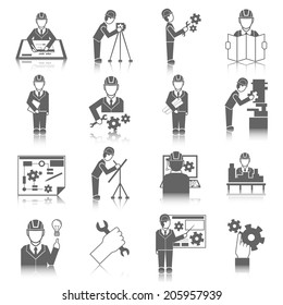 Set of construction industry engineer worker icons in gray color with reflection vector illustration