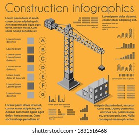 Set of construction infographics, development of residential buildings and structures, industrial crane and workers