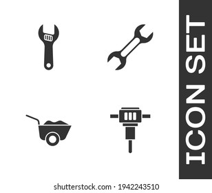 Set Construction jackhammer, Adjustable wrench, Wheelbarrow and Wrench spanner icon. Vector