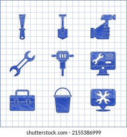 Set Construction jackhammer, Bucket, Location with wrench, Computer monitor service, Toolbox, Wrench spanner, Hammer and Putty knife icon. Vector