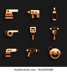 Set Construction jackhammer, Electric cordless screwdriver, circular saw, Electrical hand concrete mixer, sander, Leaf garden blower, Screwdriver and  icon. Vector