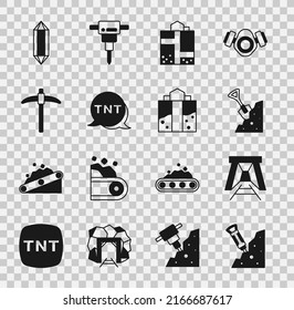 Set Construction jackhammer, Mine entrance, Shovel and stone, Dynamite, Pickaxe, Gem and  icon. Vector