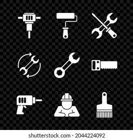 Set Construction jackhammer, Paint roller brush, Screwdriver and wrench, Electric drill machine, Builder, Wrench arrows as workflow and spanner icon. Vector