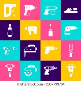 Set Construction jackhammer, Rasp metal file, Electric sander, Paint spray gun, drill machine, Screwdriver, stapler and  icon. Vector