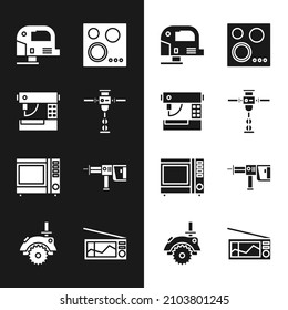 Set Construction jackhammer, Sewing machine, Electric jigsaw, Gas stove, Microwave oven and Rotary drill icon. Vector