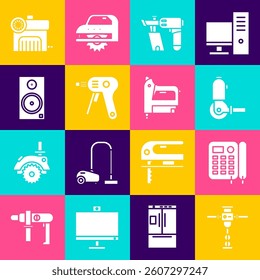 Set Construction jackhammer, Telephone, Angle grinder, Nail gun, Electric hot glue and Stereo speaker icon. Vector
