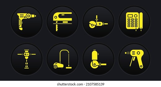 Set Construction jackhammer, Telephone, Vacuum cleaner, Angle grinder,  and Electric jigsaw icon. Vector
