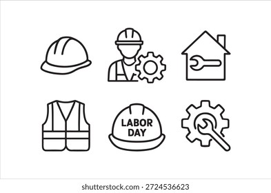 Set von Bau- und Arbeitssymbolen, einschließlich Helmen, Westen, Zahnrädern und Gebäudebildern.